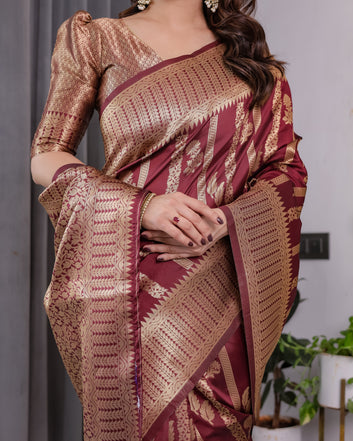 Maroon Pure Kanjivaram Silk Saree with Gold Zari Striped Floral Pallu & Broad Border | 5.5m Saree + 0.8m Jacquard Blouse Piece
