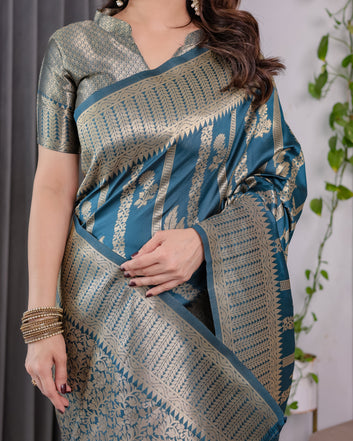 Teal Blue Pure Kanjivaram Silk Saree with Gold Zari Striped Pallu & Intricate Floral Weave | 5.5m Saree + 0.8m Brocade Blouse