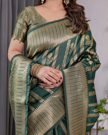 Forest Green Pure Kanjivaram Silk Saree with Gold Striped Floral Pallu & Heavy Zari Border | 5.5m Saree + 0.8m Jacquard Blouse Piece