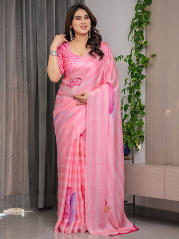 Soft Blush Pink Satin Georgette Saree with Abstract Stripe Texture, Heart Motifs and Attached Pink Checkered Blouse – 5.5 Meter Romantic Designer Saree for Valentine’s Day & Anniversary Wear