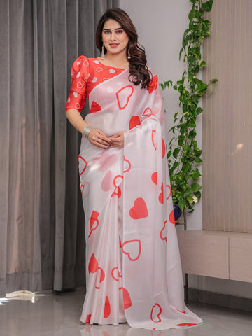 Ivory White Satin Georgette Saree with Bold Red Heart Print and Attached Red Heart Pattern Blouse – 5.5 Meter Romantic Designer Saree for Valentine’s Day & Anniversary Wear