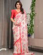 Ivory Pink & Red Love-Themed Satin Georgette Saree with Heart Prints and Romantic Pallu | Attached Blouse