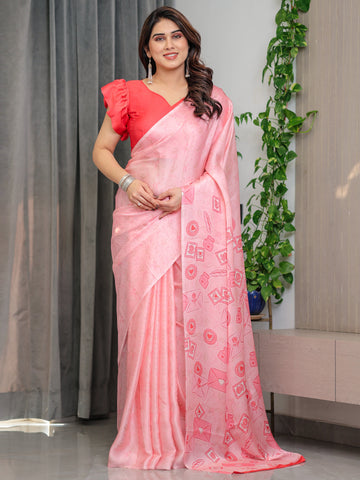 Soft Baby Pink Satin Georgette Saree with Love Letter & Stamp Motif Print and Attached Coral Red Plain Blouse – 5.5 Meter Romantic Designer Saree for Valentine’s Day & Anniversary Wear
