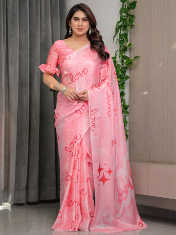 Blush Pink Satin Georgette Saree with All-Over Love Typography Print and Attached Matching Printed Blouse – 5.5 Meter Romantic Designer Saree for Valentine’s Day & Anniversary Wear