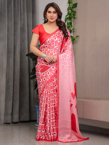 Blush Pink Satin Georgette Heart Checkerboard Printed Saree with Bold Love Motif Pallu & Matching Blouse