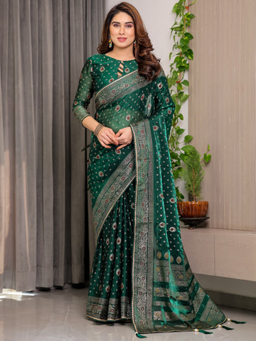Emerald Green Fendi Satin Block & Foil Printed Saree with Traditional Butti Motifs, Tassel Edges & Attached Blouse