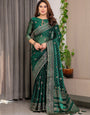 Emerald Green Fendi Satin Block & Foil Printed Saree with Traditional Butti Motifs, Tassel Edges & Attached Blouse