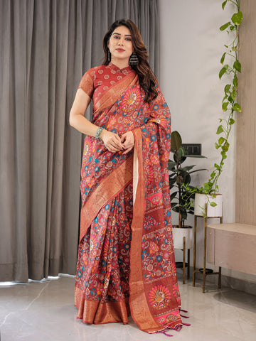Rust Orange Cotton Linen Saree with Multicolor Floral Print & Zari Border | With Blouse