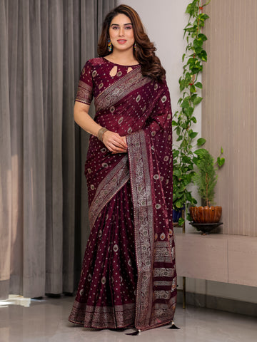 Wine Maroon Fendi Satin Block & Foil Printed Saree with Traditional Butti Motifs, Tassel Edges & Attached Blouse