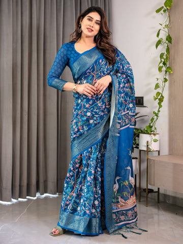 Royal Blue Cotton Linen Saree with Nature-Inspired Print, Zari Border & Tassels | With Blouse