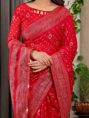 Classic Red Fendi Satin Block & Foil Printed Saree with Traditional Butti Motifs, Tassel Edges & Attached Blouse