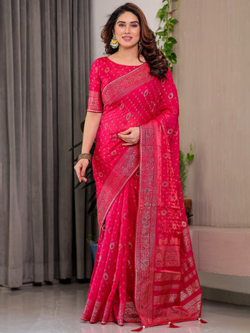 Rani Pink Fendi Satin Block & Foil Printed Saree with Traditional Butti Motifs, Tassel Edges & Attached Blouse