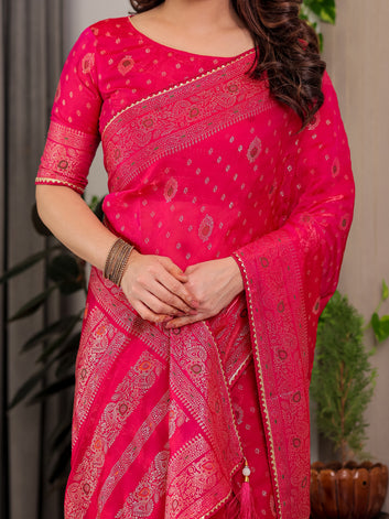 Rani Pink Fendi Satin Block & Foil Printed Saree with Traditional Butti Motifs, Tassel Edges & Attached Blouse