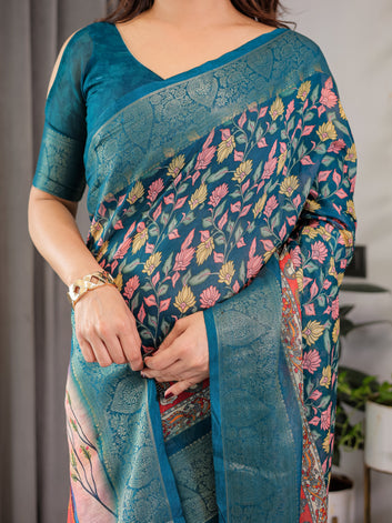 Teal Blue Cotton Linen Saree with Floral Print & Radha Krishna Digital Pallu | Zari Border | With Blouse
