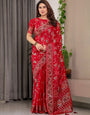 Crimson Red Fendi Satin Floral Block & Foil Printed Saree with Ornamental Border, Tassel Edges & Attached Blouse