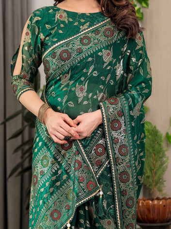 Emerald Green Fendi Satin Floral Block & Foil Printed Saree with Ornamental Border, Tassel Edges & Attached Blouse