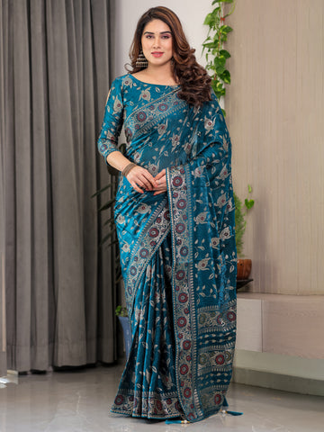 Peacock Blue Fendi Satin Floral Block & Foil Printed Saree with Ornamental Border, Tassel Edges & Attached Blouse