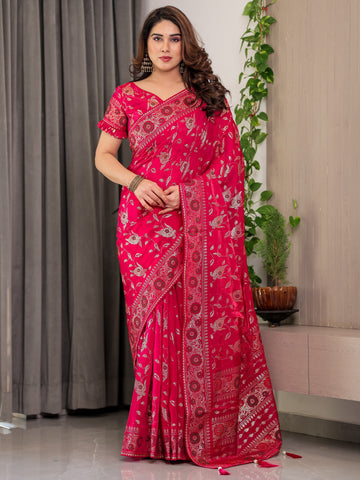 Magenta Pink Fendi Satin Floral Block & Foil Printed Saree with Ornamental Border, Tassel Edges & Attached Blouse
