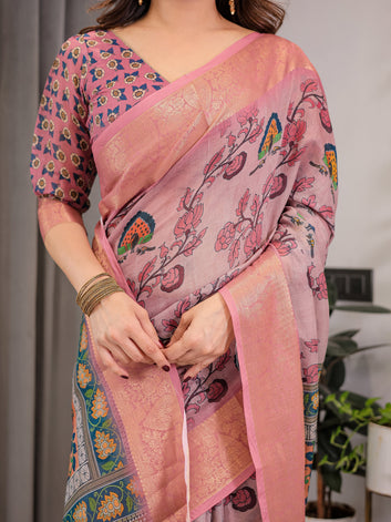 Dusty Rose Cotton Linen Saree with Floral Motifs & Radha Krishna Digital Pallu | Zari Border | With Blouse