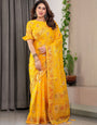 Sunshine Yellow Fendi Satin Floral Block & Foil Printed Saree with Ornamental Border, Tassel Edges & Attached Blouse