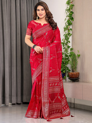 Bridal Red Fendi Satin Floral Block & Foil Printed Saree with Ornamental Border, Tassel Edges & Attached Blouse
