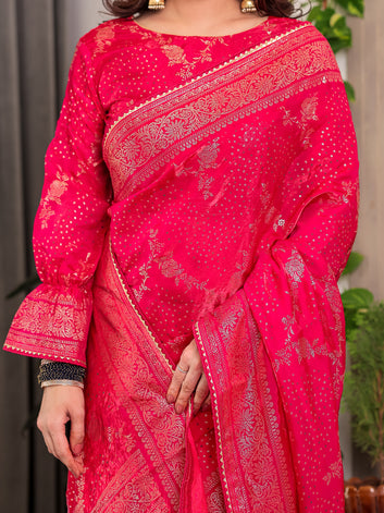 Rani Pink Fendi Satin Floral Block & Foil Printed Saree with Ornamental Border, Tassel Edges & Attached Blouse