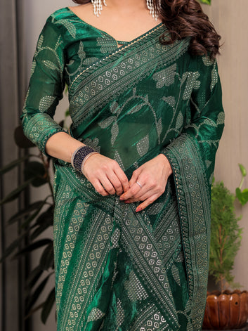 Emerald Green Fendi Satin Leafy Floral Block & Foil Printed Saree with Ornamental Border, Tassel Edges & Attached Blouse
