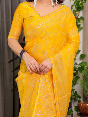 Sunshine Yellow Fendi Satin Leafy Floral Block & Foil Printed Saree with Ornamental Border, Tassel Edges & Attached Blouse