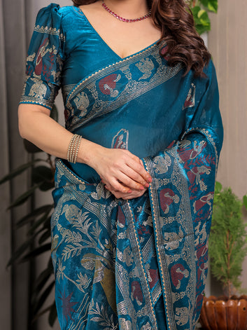 Peacock Teal Blue Fendi Satin Peacock & Floral Block and Foil Printed Saree with Traditional Border, Tassel Edges & Attached Blouse