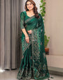 Emerald Green Fendi Satin Block & Foil Print Saree with Attached Blouse & Tassel Detailing