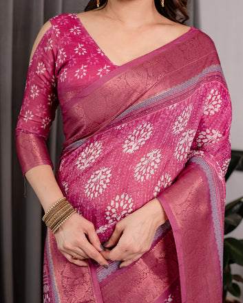 Rani Pink Pure Handloom Linen Saree with White Floral Print & Dual Zari Border | Elegant Tassel Finish | 5.5m Saree + 0.8m Blouse