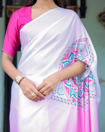 White & Pink Ombré Designer Freehand Saree with Geometric Pallu Art & Rani Pink Blouse | Satin Georgette | Handsfree Pallu Design