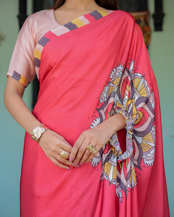 Coral Red Designer Freehand Saree with Mandala Pallu & Multicolor Border | Satin Georgette | Hole-in-the-Pallu Feature