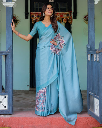 Teal Blue Designer Freehand Saree with Lotus Mandala Pallu & Matching Blouse | Satin Georgette | Handsfree Pallu Feature