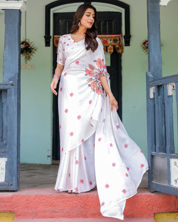 White Satin Georgette Saree with Multicolor Floral Print & Matching Blouse | Handsfree Pallu Loop | Lightweight Designer Saree