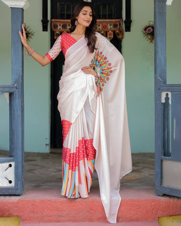 Beige Pink Satin Georgette Saree with Multicolor Flame Mandala Pallu & Red Polka Dot Blouse | Handsfree Pallu Loop Design