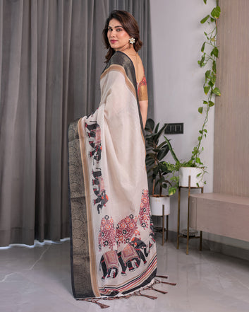 Ivory Handloom Linen Saree with Elephant Parade Print, Tree Motifs & Antique Zari Border | Tassel Finish | Attached Blouse | 5.5m Saree + 0.8m Blouse