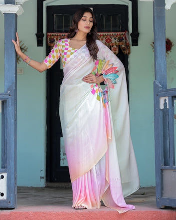 Blush Pink and White Ombre Satin Saree with Mandala Cutout Pallu & Fuchsia Blouse – Elegant Designer Drape