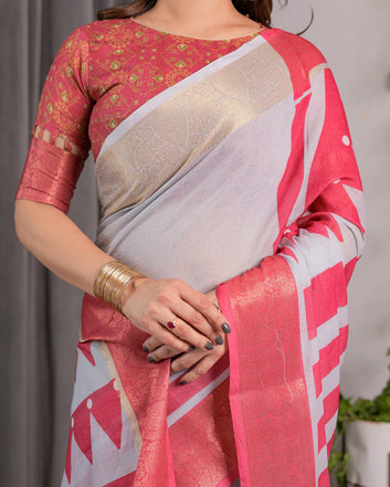 White & Pink Handloom Linen Saree with Geometric Flag Print & Gold Zari Border | Festive Tassel Detailing | Attached Blouse | 5.5m Saree + 0.8m Blouse