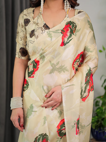 Cream Floral Satin Georgette Saree with Red & Green Artistic Flower Print and Designer Contrast Blouse