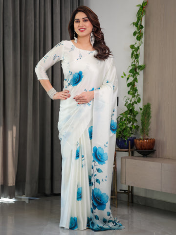 White & Blue Floral Satin Georgette Saree with Watercolour Bloom Print and Designer Back-Tie Blouse