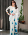 White & Blue Floral Satin Georgette Saree with Watercolour Bloom Print and Designer Back-Tie Blouse