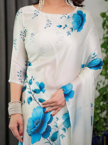 White & Blue Floral Satin Georgette Saree with Watercolour Bloom Print and Designer Back-Tie Blouse