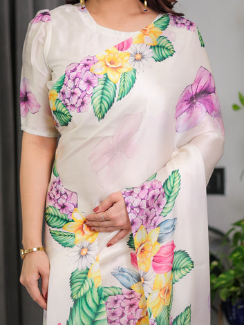 Ivory White Floral Garden Print Satin Georgette Saree with Multicolor Tropical Flowers & Designer Attached Blouse