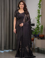 Black Satin Georgette Saree with Gold Leaf Outline Print & Designer Attached Blouse – Elegant Minimal Botanical Saree