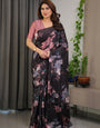 Black Satin Georgette Floral Printed Saree with Attached Blouse – Elegant Soft-Flow Designer Saree in Mauve Pink Florals