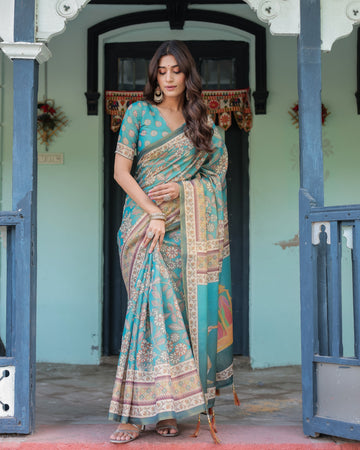 Teal Green Handloom Cotton Saree with Floral Print & Royal Bridal Procession Pallu