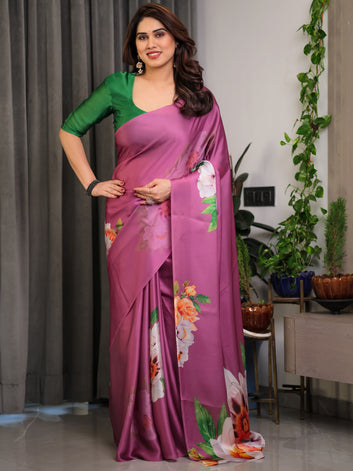 Pink Satin Georgette Saree with Bold Floral Prints & Matching Attached Blouse – Festive & Partywear Elegance