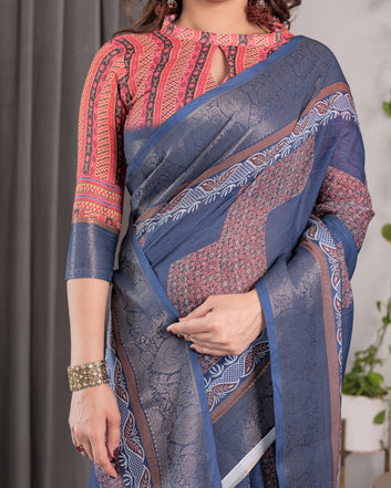 Slate Blue Handloom Linen Saree with Copper Zari Border & Geometric Digital Block Prints | Contrast Tassels & Attached Blouse | 5.5m Saree + 0.8m Blouse