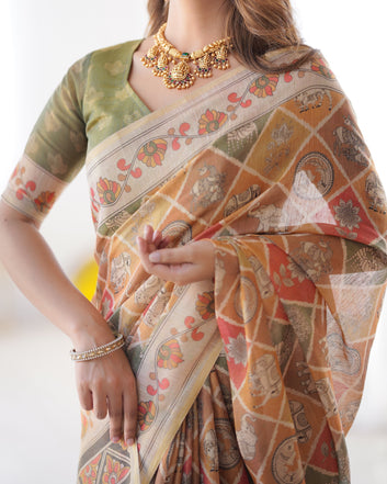 Multicolor Zari Woven Handloom Cotton Saree with Traditional Animal & Floral Motifs and Tassels